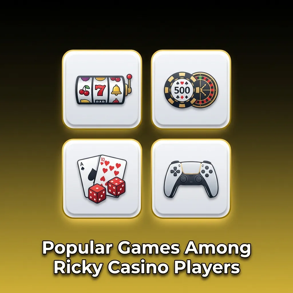 Popular slot games display at Ricky Casino including Sweet Bonanza, Gates of Olympus, and Book of Dead with RTP percentages.