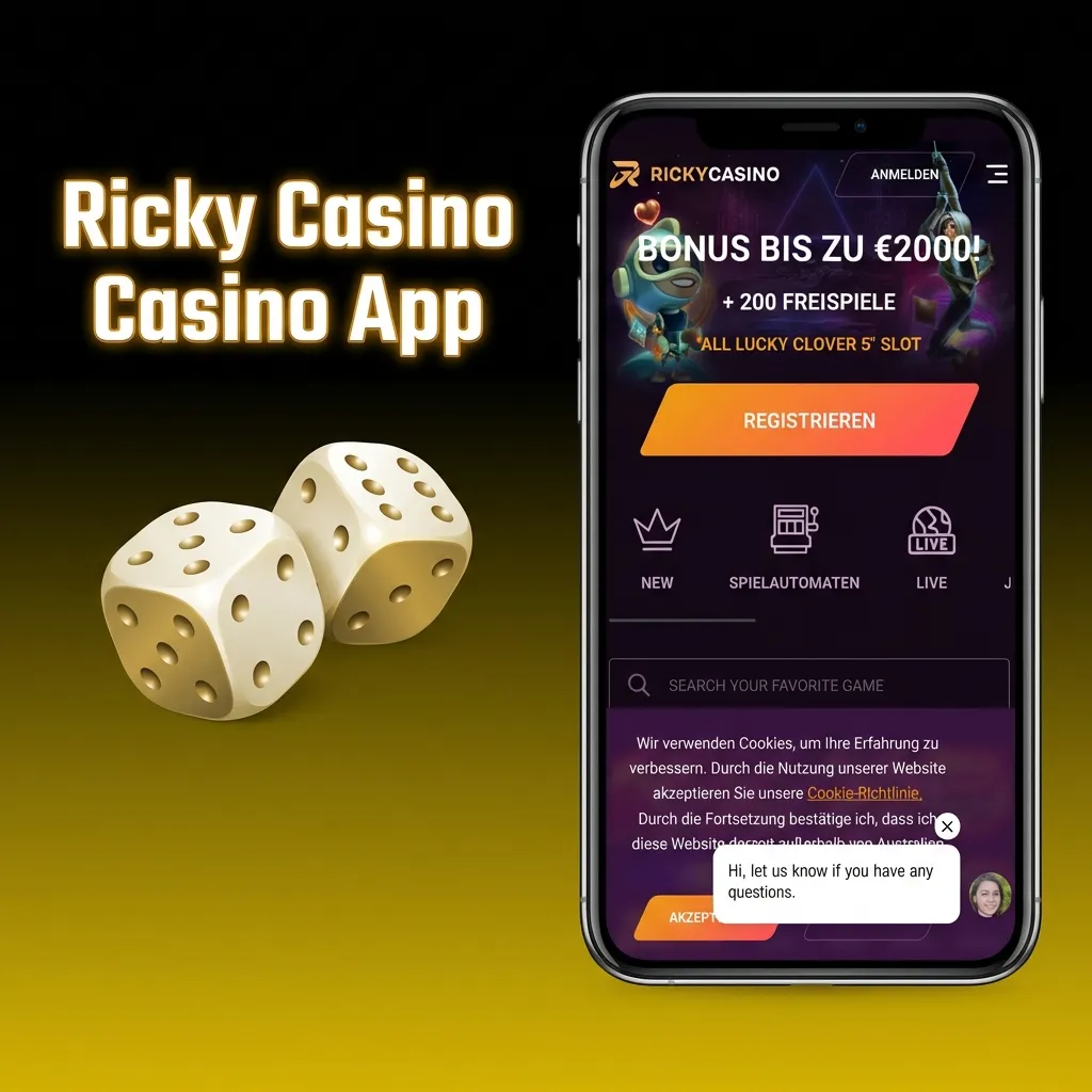 Ricky Casino mobile app interface showing casino games, live dealer options, and slots on smartphone screen.
