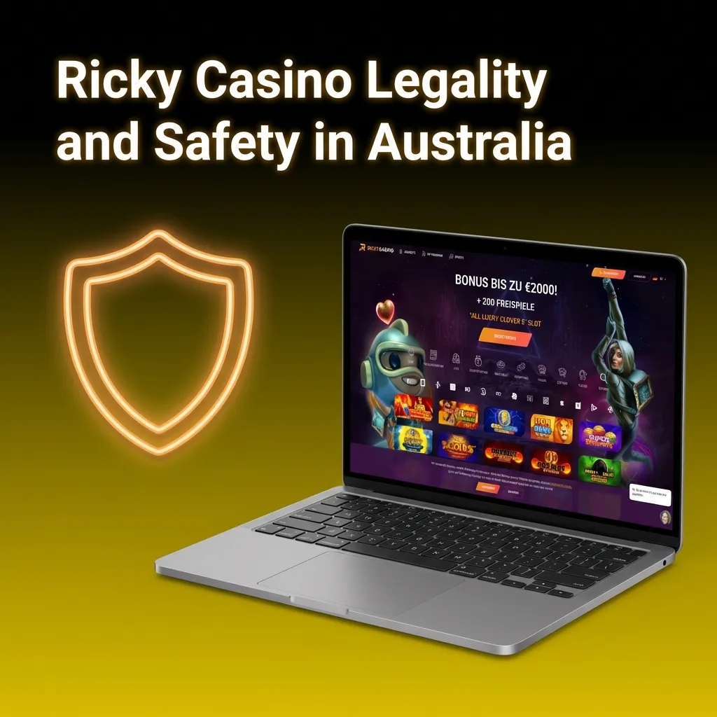 Ricky Casino logo with security badges showing Curacao license, SSL encryption, and safety certifications for Australian players